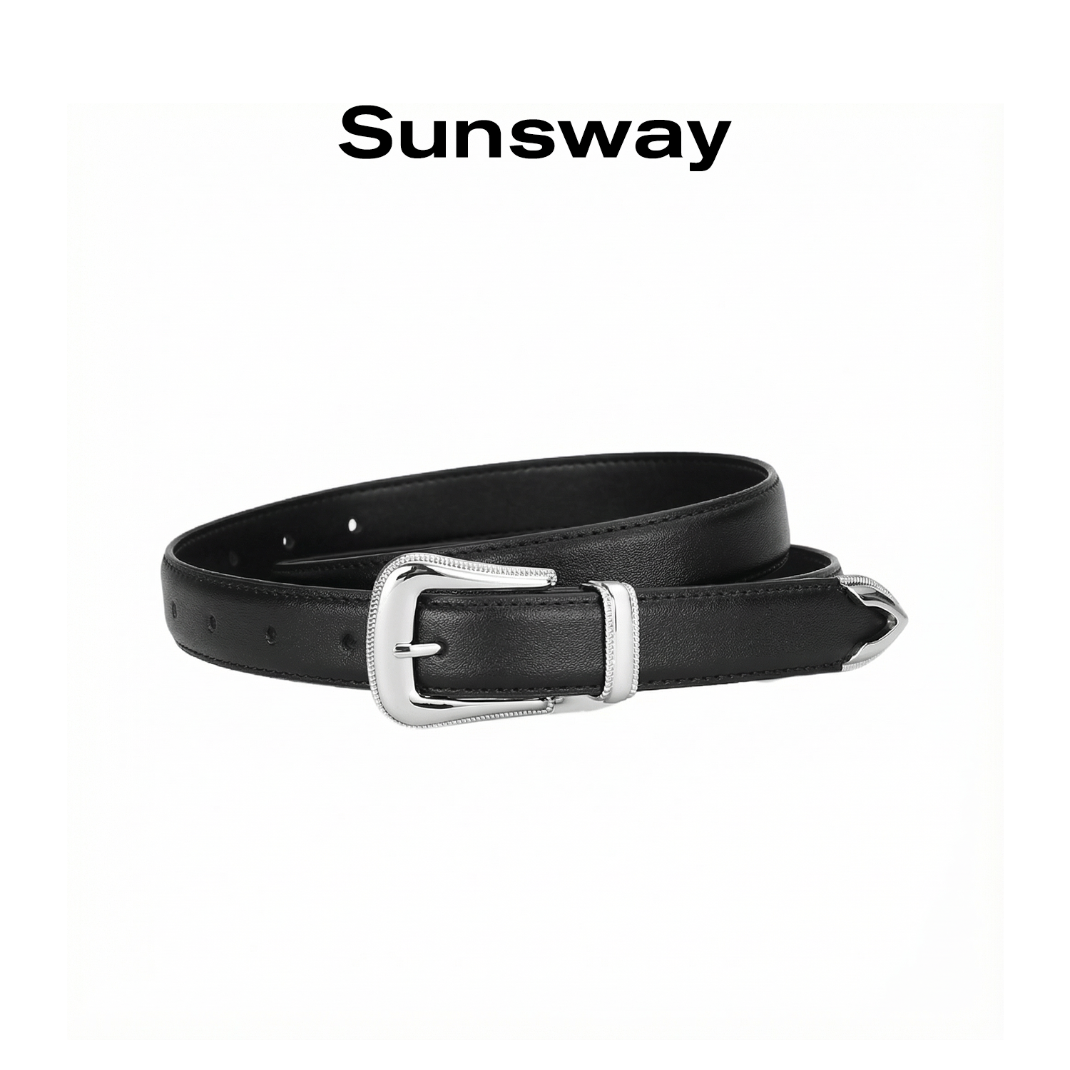 SUNSWAY休闲风真皮腰带男女通用黑色金属扣二层牛皮简约百搭皮带