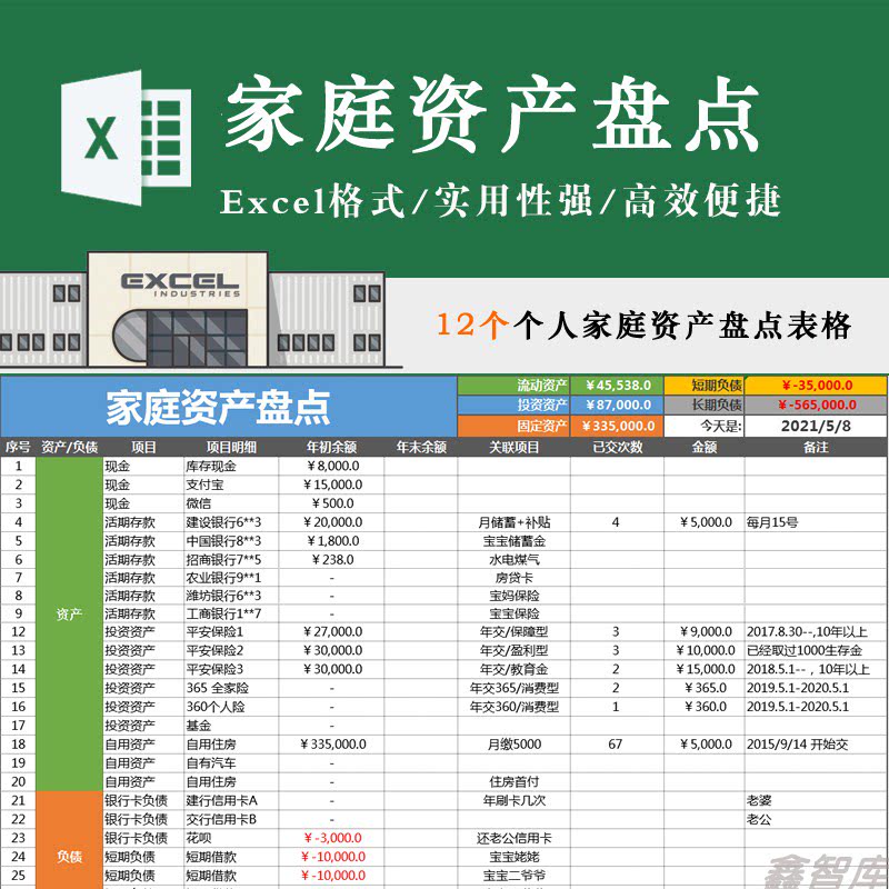 家庭资产盘点表个人净资产明细管理计划计算清单统计配置理财模板