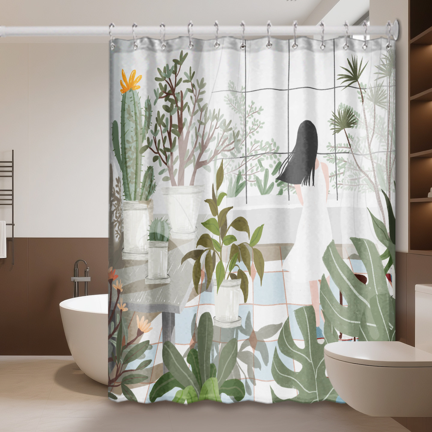 浴室浴帘防水速干免打孔卫生间窗帘淋浴帘隔断帘厕所洗澡印花浴帘