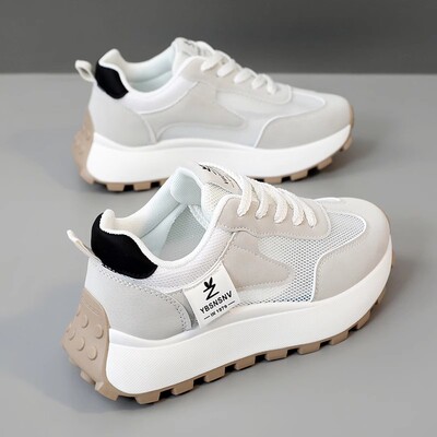 女鞋2025新款夏季透气网面小白鞋厚底阿甘运动鞋显脚小增高老爹鞋