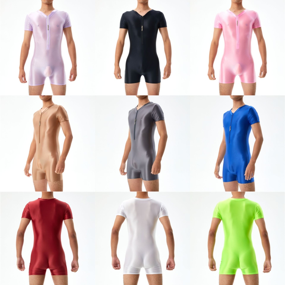 性感打底连体衣男士油亮光泽丝滑紧身高弹大码连体衣短款套装7137