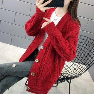 2021春秋新款很仙的网红毛衣开衫女宽松慵懒风针织中长款纯色外套