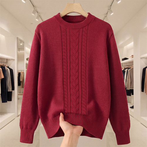 新年红纯棉慵懒麻花圆领毛衣女