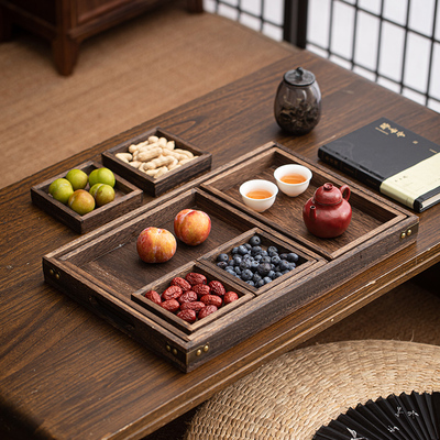 中式桐木质点心茶点果盘宫格盘家用酒店零食干果小吃餐具收纳托盘