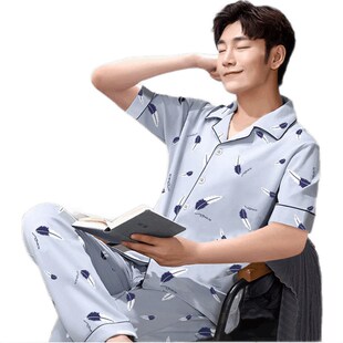 100%纯棉 纯棉短袖 睡衣男夏季 夏天全棉家居服套装 长裤 春秋薄款