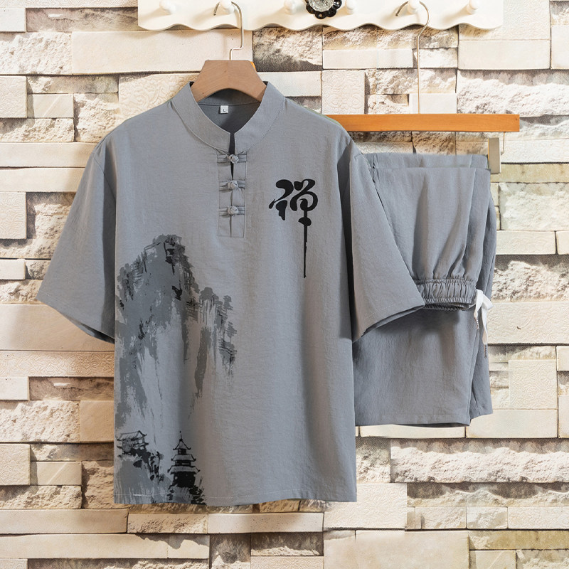 夏季短袖短裤棉麻睡衣男士中国风薄款半袖T恤休闲可外穿家居服潮