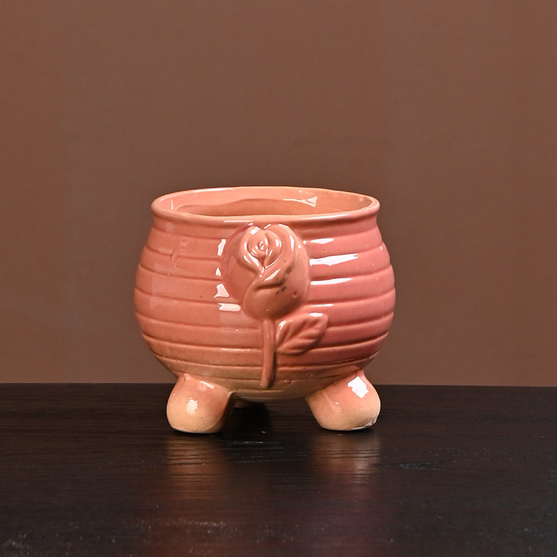粉渐变陶瓷多肉花盆多款多样浮雕玫瑰带脚款桌面绿植小花盆