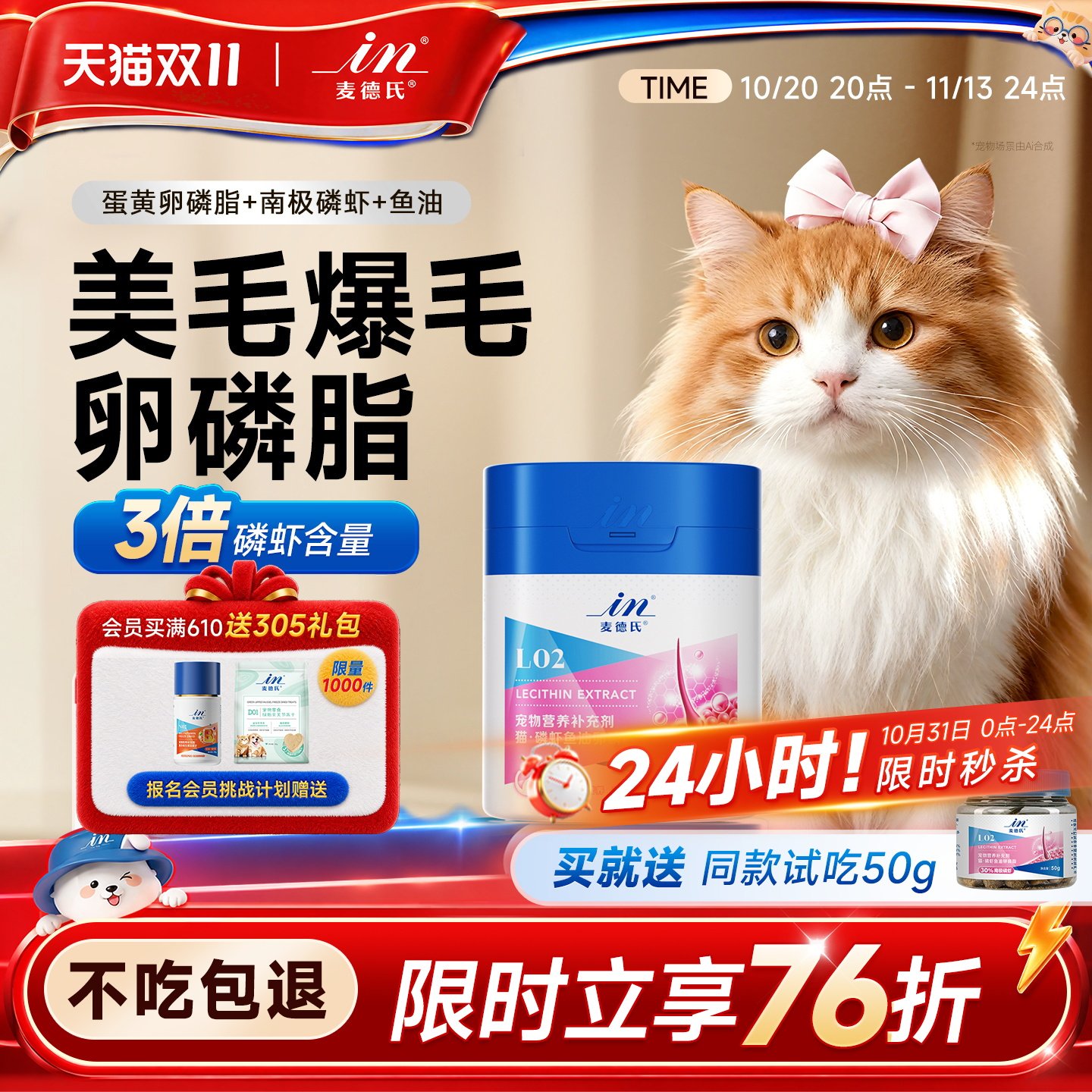 麦德氏卵磷脂猫用磷虾鱼油护肤胶原软磷脂猫专用宠物猫咪爆毛粉