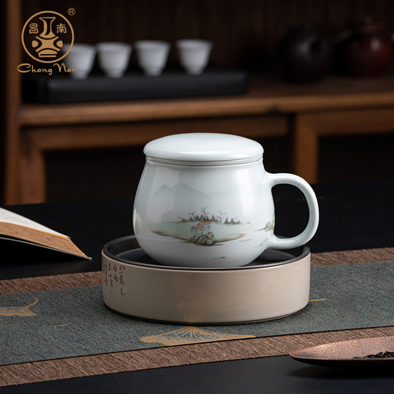 昌南旗舰店苹果杯办公杯滤茶盖杯茶水分离陶瓷杯泡茶大容量马克杯