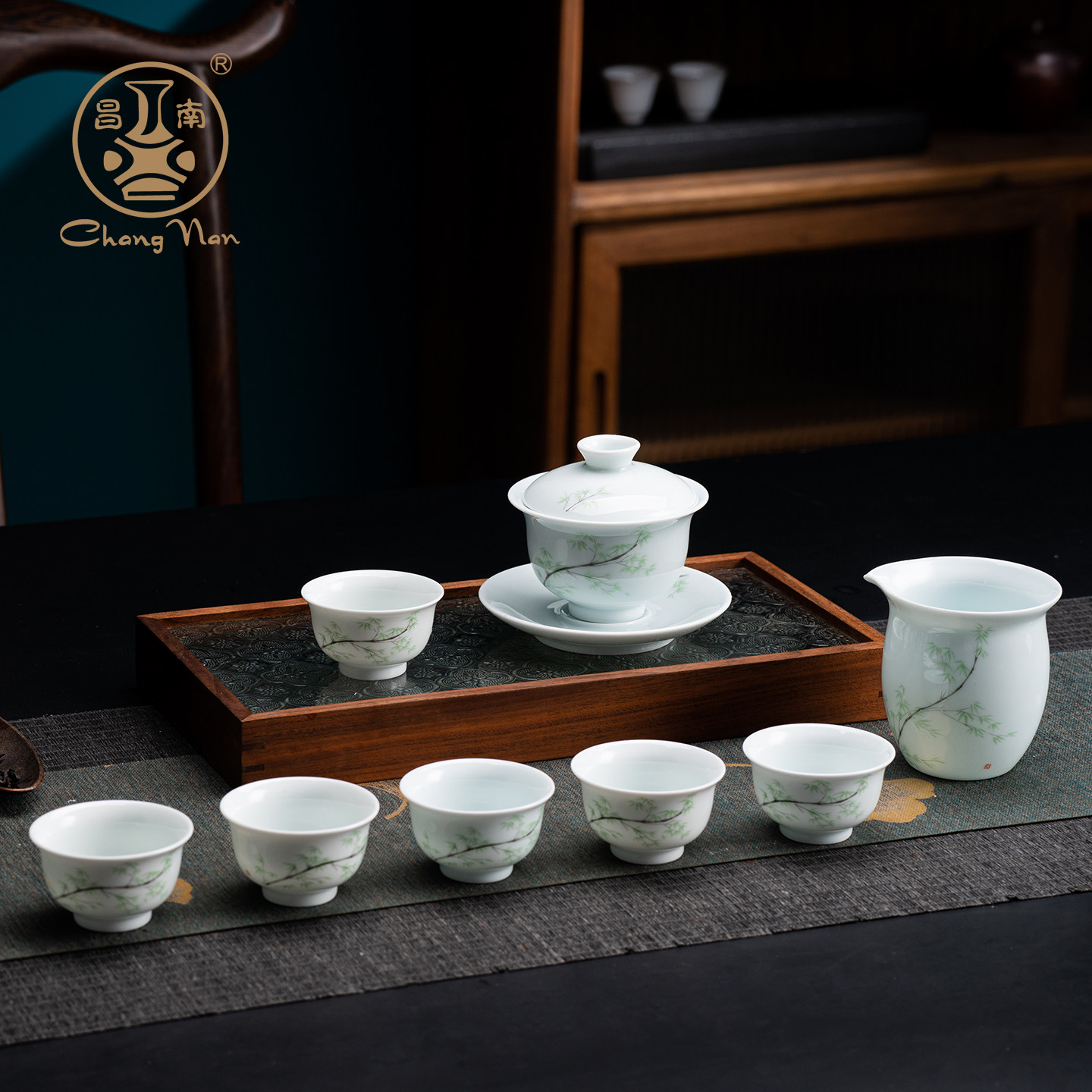 昌南影青瓷雅竹盖碗茶杯一套景德镇陶瓷高端功夫茶具套装瓷器茶器