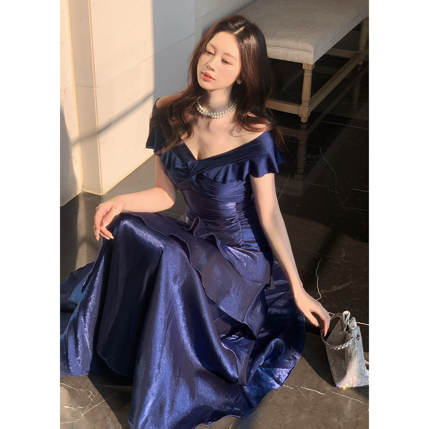 Good Job【夏利斯特庄园】法式蓝色一字肩连衣裙女小众礼服鱼尾裙
