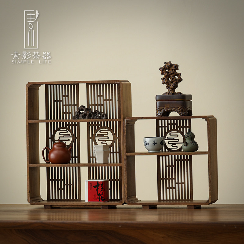 素影国风胡桃木博古架家用实木花边置物架桌面茶杯收纳柜茶道配件