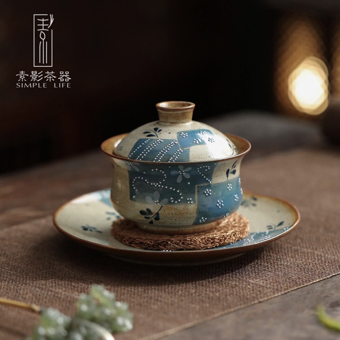 老岩泥蓝布花拼手绘陶瓷三才盖碗功夫茶具高档敬茶碗办公室泡茶器