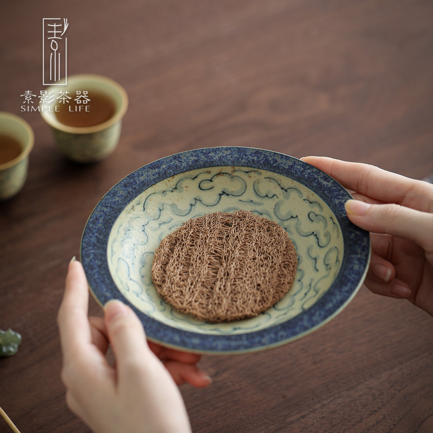 手绘祥云陶瓷壶承干泡台覆古果盘中式茶托 托盘壶托 托碗底座茶承