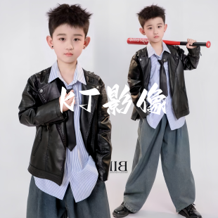 男童黑色炫酷皮衣主题摄影文艺小清新写真儿童舞台幼儿园T台走秀