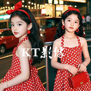 复古红色连衣裙港风8090年代主题儿童摄影写真舞台走秀比赛演出服