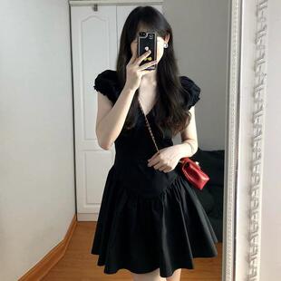 黑色字收腰显瘦短款海边连衣裙子女夏季女装新款领气质短裙