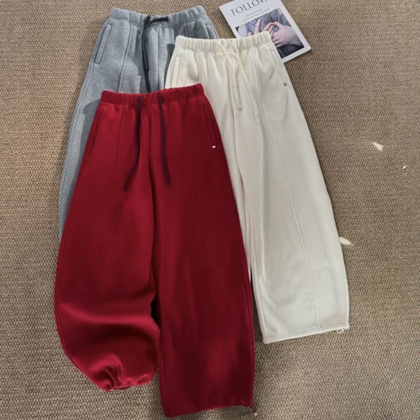 韩系设计感加绒加厚休闲卫裤女装冬季爆款抽绳松紧腰显瘦弯刀裤潮,女装/女士精品,卫裤,淘宝优惠券,粉丝福利购,淘宝优惠卷