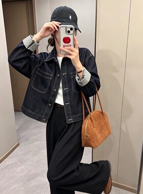 韩系设计感拼接牛仔短外套