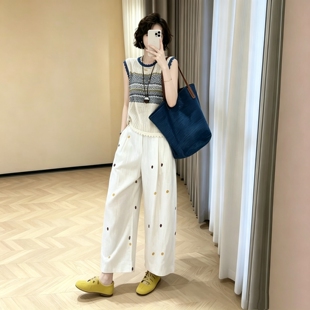 韩系流行超好看夏季穿搭一整套女针织上衣+九分波点阔腿裤两件套