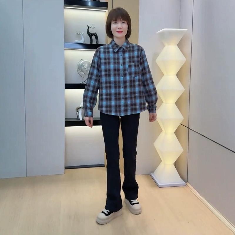 短款磨毛加厚格子衬衫外套上衣