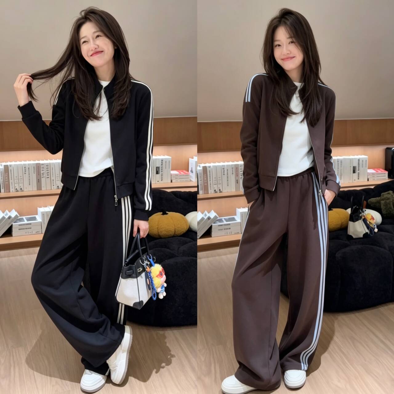 美式撞色时尚休闲两件套女2026秋季卫衣开衫+高腰阔腿裤显瘦套装