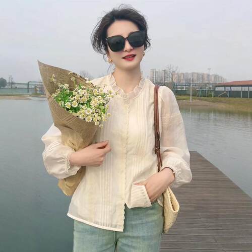 2024早春新款花边长袖衬衫女上衣