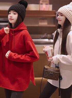 高级感连帽加绒加厚中长款红色卫衣女2025爆款流行宽松打底衫上衣