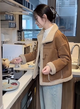 2025秋冬爆款鹿皮绒加绒羊羔毛外套女小个子皮毛一体保暖加厚上衣