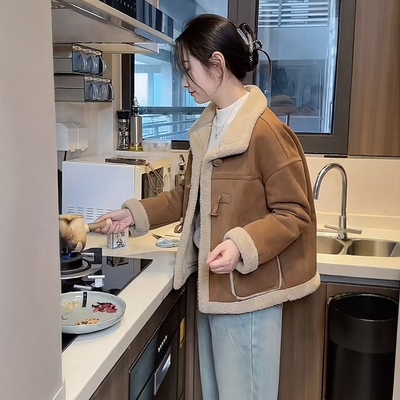 冬季爆款鹿皮绒加厚羊羔毛短外套