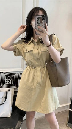 欧货收腰工装短袖连衣裙女2025夏新款小个子中长款网红爆款a字裙