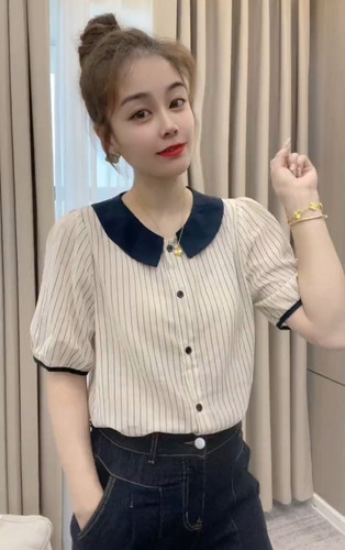 韩系撞色娃娃领短袖衬衫女小衫