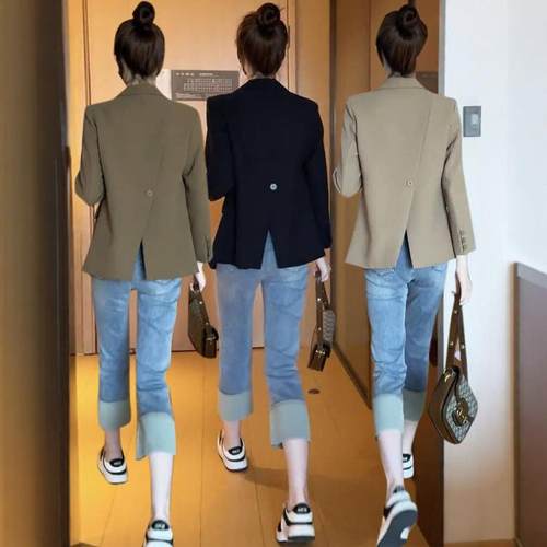 韩版显瘦西装款外套女后开叉上衣