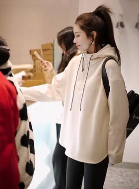 爆款高级感中长款连帽加绒加厚红色卫衣女2025秋冬今年流行打底衫