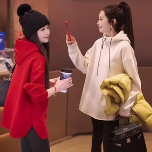 加绒加厚连帽中长款卫衣女装秋冬新款爆款遮肚子宽松时尚上衣外套