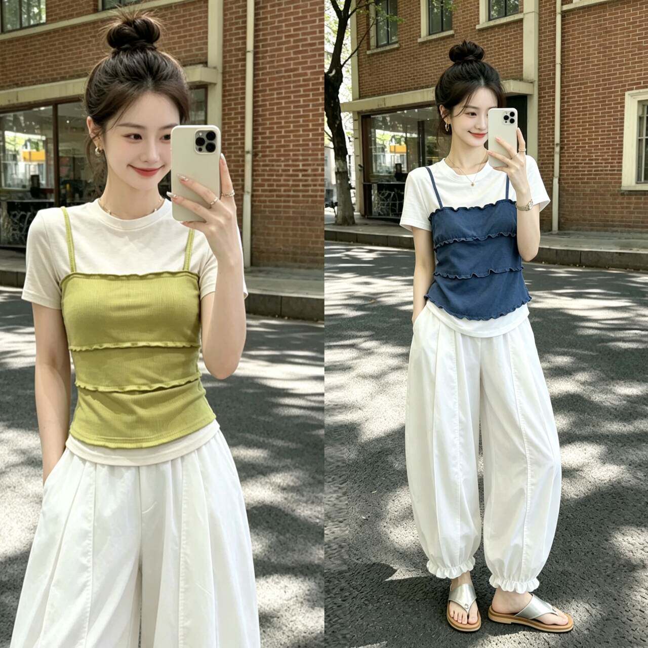 韩系假两件短袖T恤+九分灯笼裤两件套女2026夏季时尚显瘦减龄套装