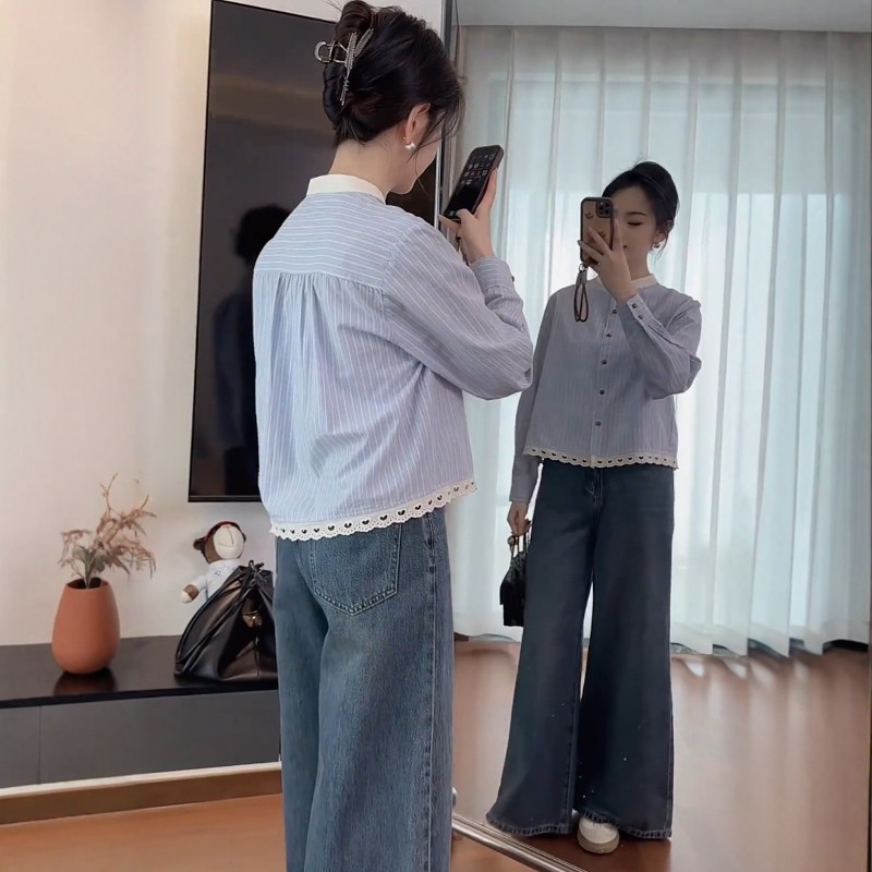 爆款超好看立领蕾丝拼接条纹衬衫女2025秋季新款今年流行衬衣上衣,女装/女士精品,衬衫,淘宝优惠券,粉丝福利购,淘宝优惠卷