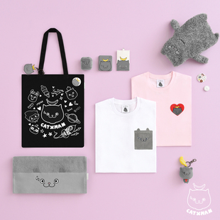 情侣T恤 FACE猫星侠特色贴袋图案圆领短袖 CATXMAN 周柏豪