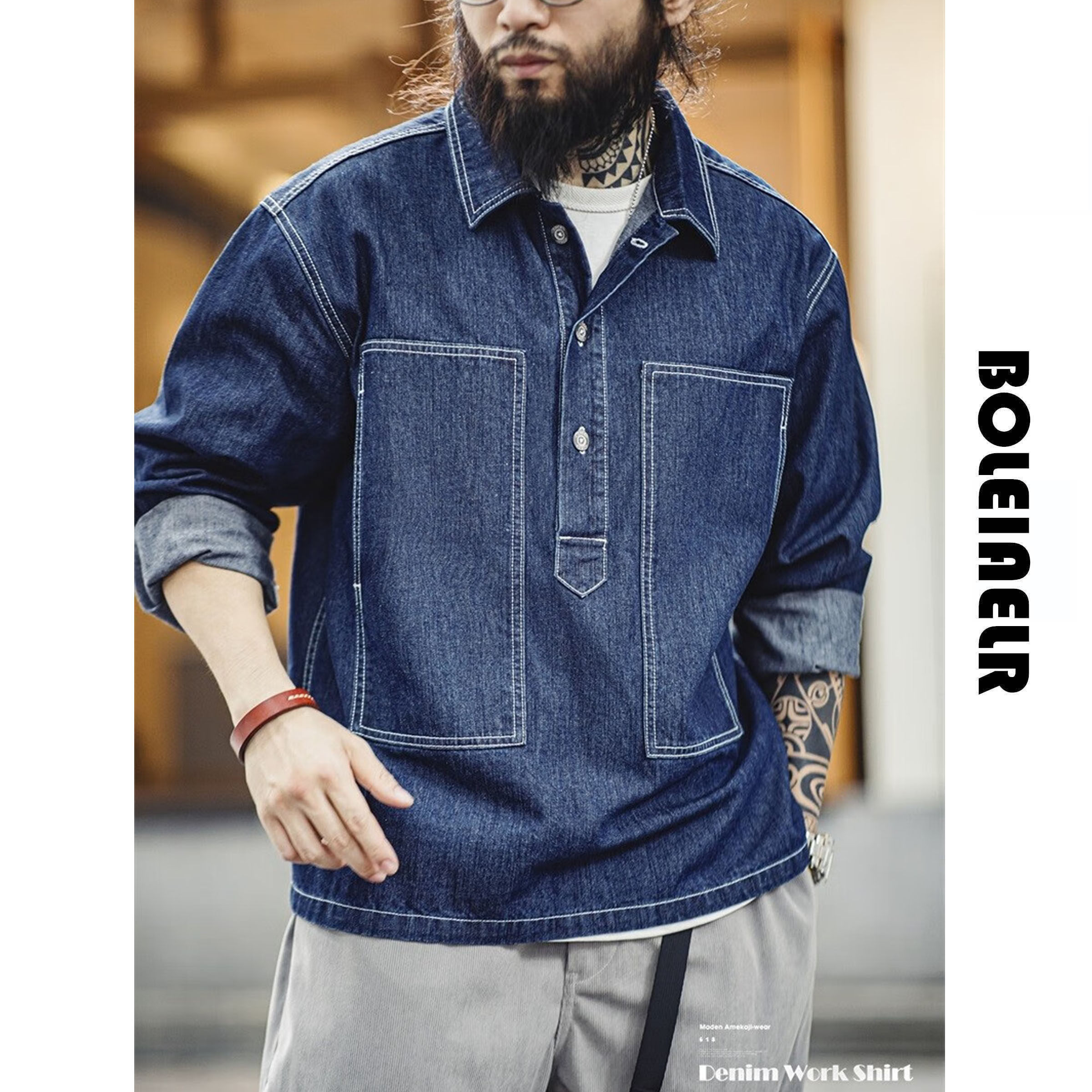 BOLEIAELR/好搭复古半开襟工装牛仔衬衫男丹宁套头辑明线外套潮