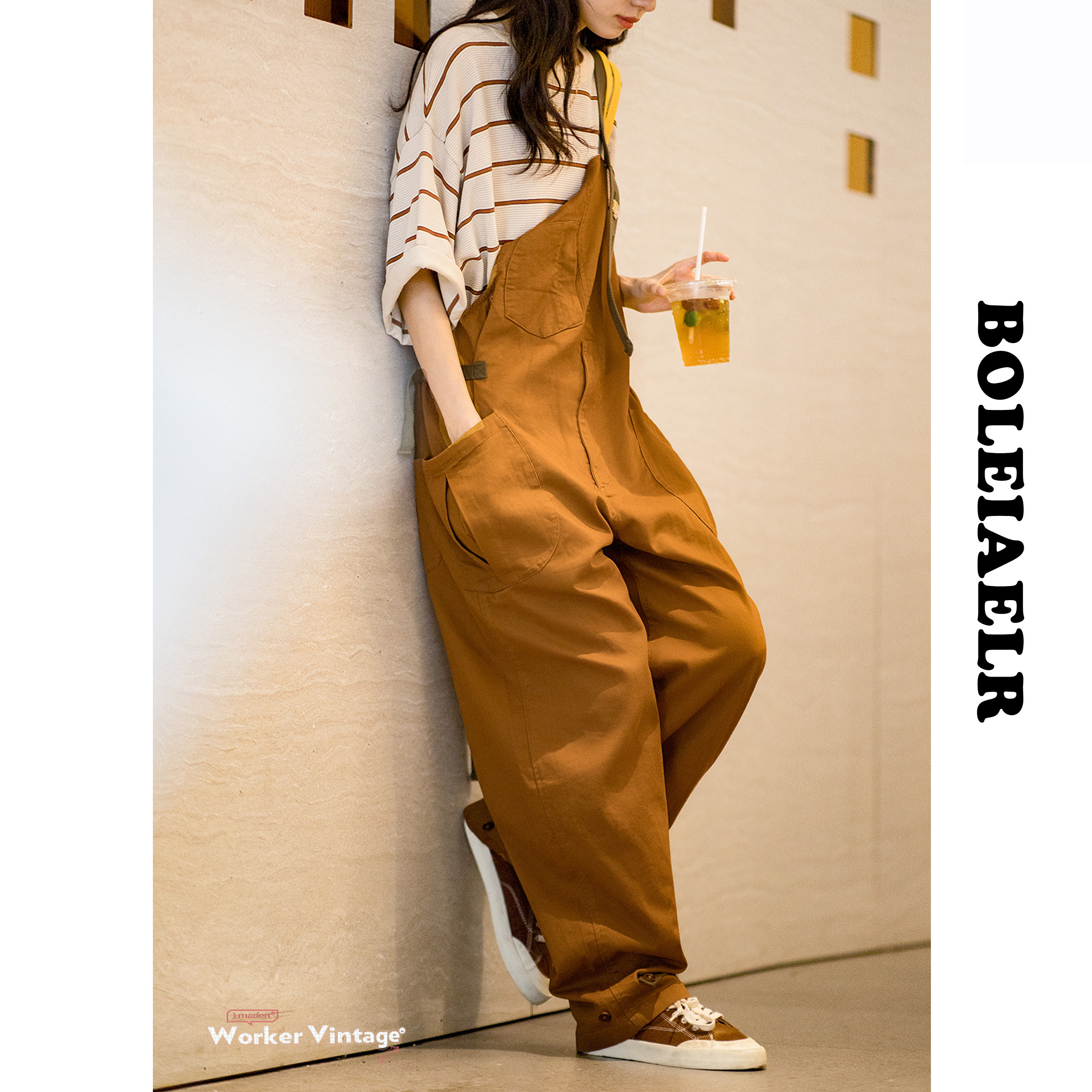 BOLEIAELR減齡顯瘦復古vintage寬松工裝背帶褲女寬松吊帶長褲夏秋