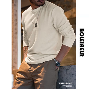 内搭 打底衫 秋冬新款 复古重磅300g华夫格圆领T恤男卫衣三本针长袖
