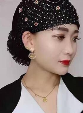 夏季蕾丝洋气时尚回族帽子头巾帽妈妈帽遮白发包头帽满天星发带