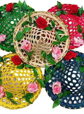 舞蹈斗笠帽子儿童舞台跳舞竹编花朵草帽成人跳广场舞道具傣族竹帽