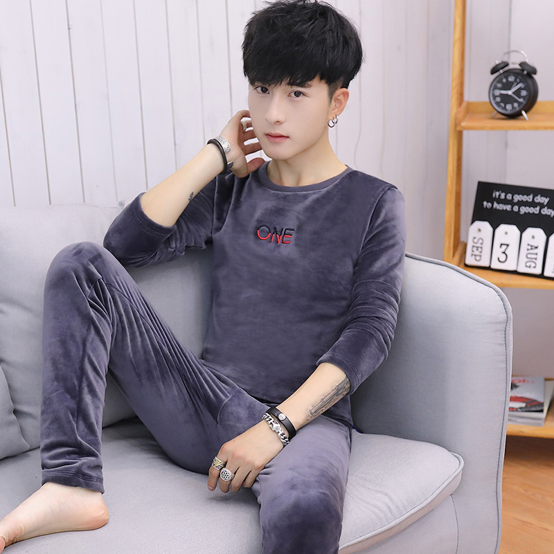 冬季保暖内衣男士加厚加绒青年秋衣秋裤套装大童学生金丝绒打底衫