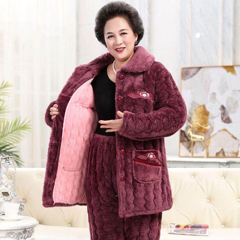 妈妈睡衣女冬季三层加厚加绒珊瑚绒夹棉袄中老年家居服保暖套装冬,女装/女士精品,中老年女装,淘宝优惠券,粉丝福利购,淘宝优惠卷