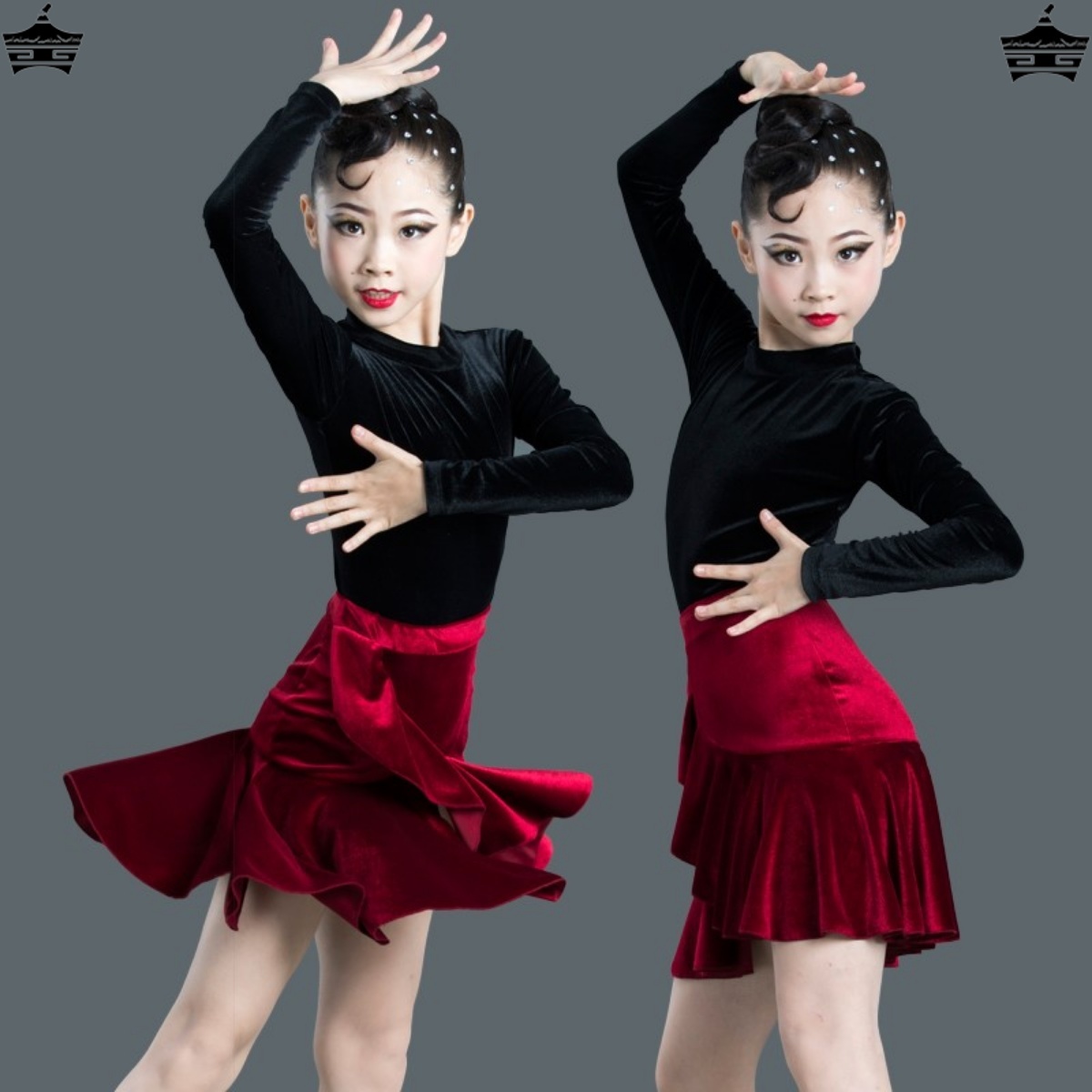 时尚拉丁练功服装女童丝绒秋冬款长袖分体少儿拉丁舞蹈裙上衣薄款
