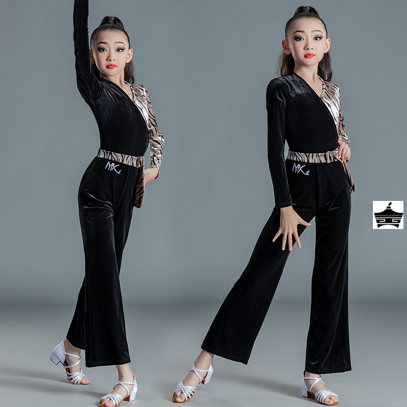 秋冬儿童拉丁舞蹈练功服装比赛女童网红新款少儿学生上衣裤子套装