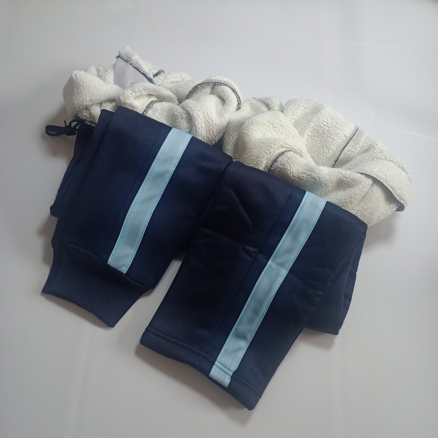 校服裤子浅淡宽蓝条一道杠羊羔绒