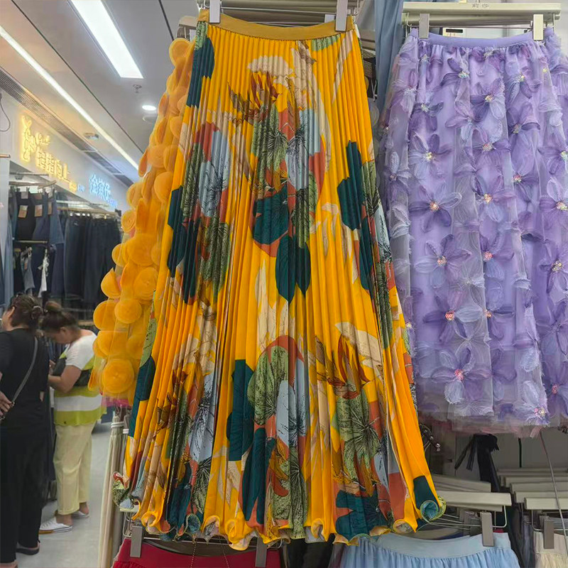 复古彩色油画印花百褶裙大摆夏季