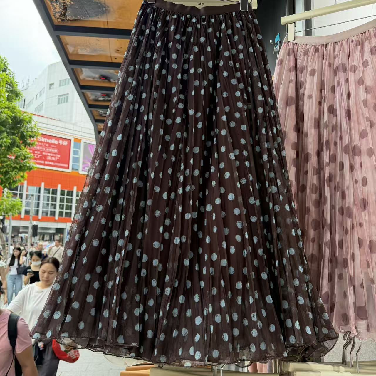 复古波点印花百褶半身裙女